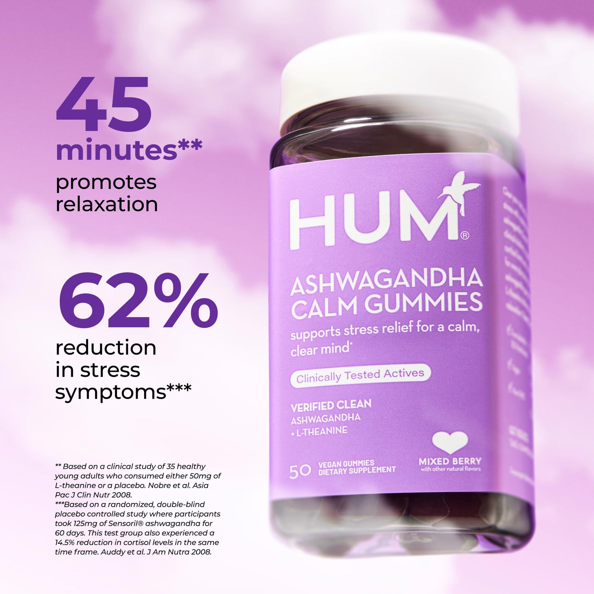 HUM Calm Ashwagandha Gummies for Women and Men, L-Theanine Ashwagandha Supplements for Daily Relaxation & Clarity Support, Vegan Fast Acting Gummy Formula, Mixed Berry Flavor, 60 Gummies - Maple Wellness Supplements