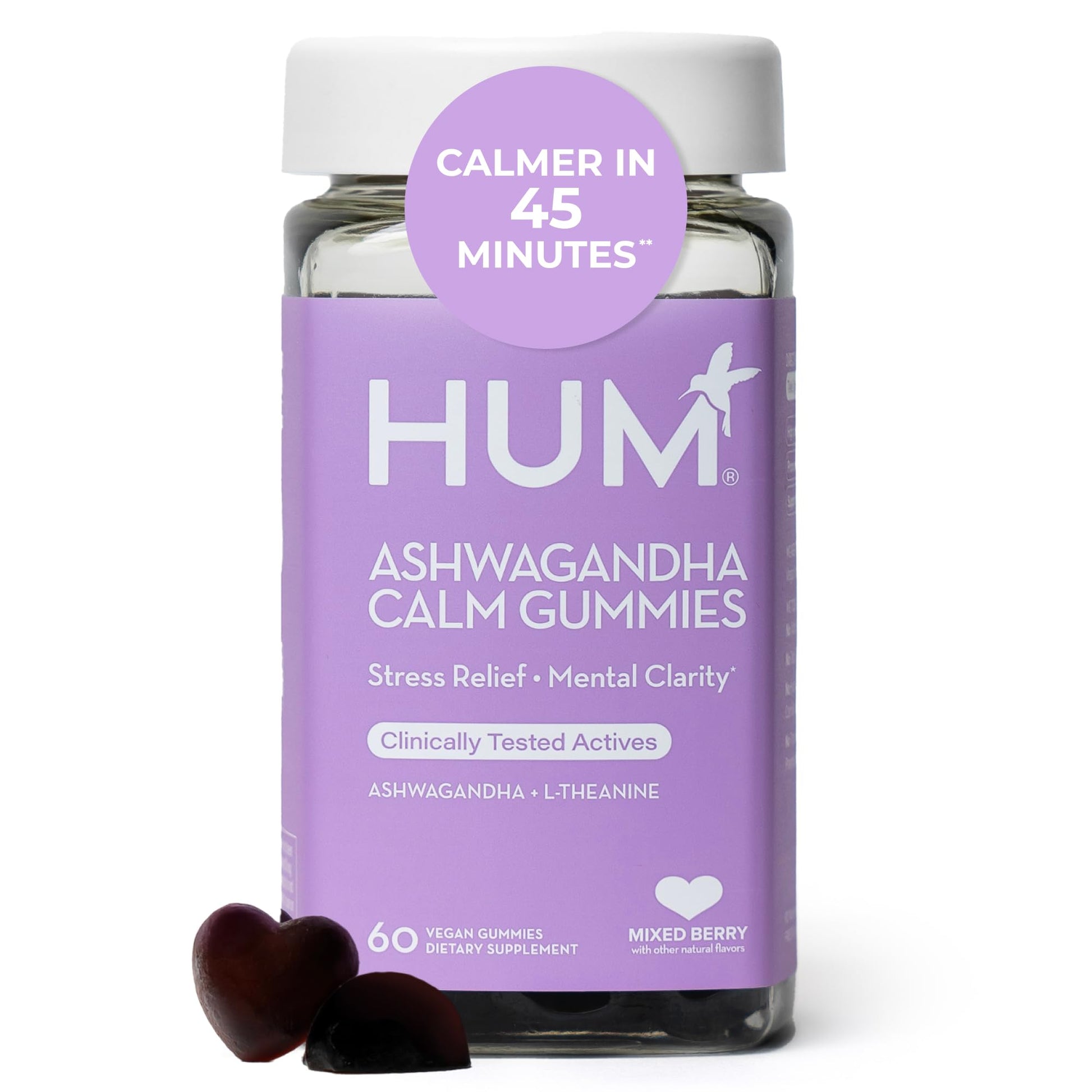 HUM Calm Ashwagandha Gummies for Women and Men, L-Theanine Ashwagandha Supplements for Daily Relaxation & Clarity Support, Vegan Fast Acting Gummy Formula, Mixed Berry Flavor, 60 Gummies - Maple Wellness Supplements