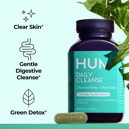 HUM Daily Cleanse Acne Supplements for Women & Men, Gentle Digestive Cleanse for Clear Skin Support, Zinc, Spirulina, Chlorella, Detoxifying Herbs, Organic Algae, Skin Vitamins Supplement, 60 Capsules - Maple Wellness Supplements