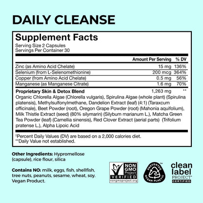 HUM Daily Cleanse Acne Supplements for Women & Men, Gentle Digestive Cleanse for Clear Skin Support, Zinc, Spirulina, Chlorella, Detoxifying Herbs, Organic Algae, Skin Vitamins Supplement, 60 Capsules - Maple Wellness Supplements