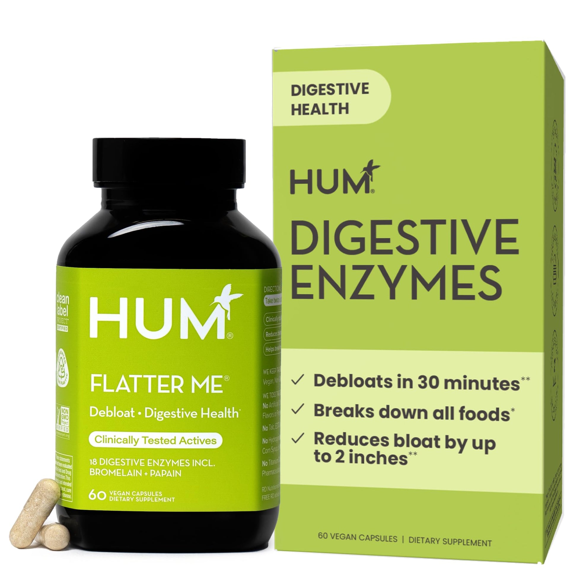 HUM Flatter Me Digestive Enzymes for Women & Men, Digestive Health Bloating Supplement with Ginger & Peppermint Leaf, Fast Acting Anti Bloat Pills Multi Enzyme for Debloating, Vegan, 60 Capsules - Maple Wellness Supplements