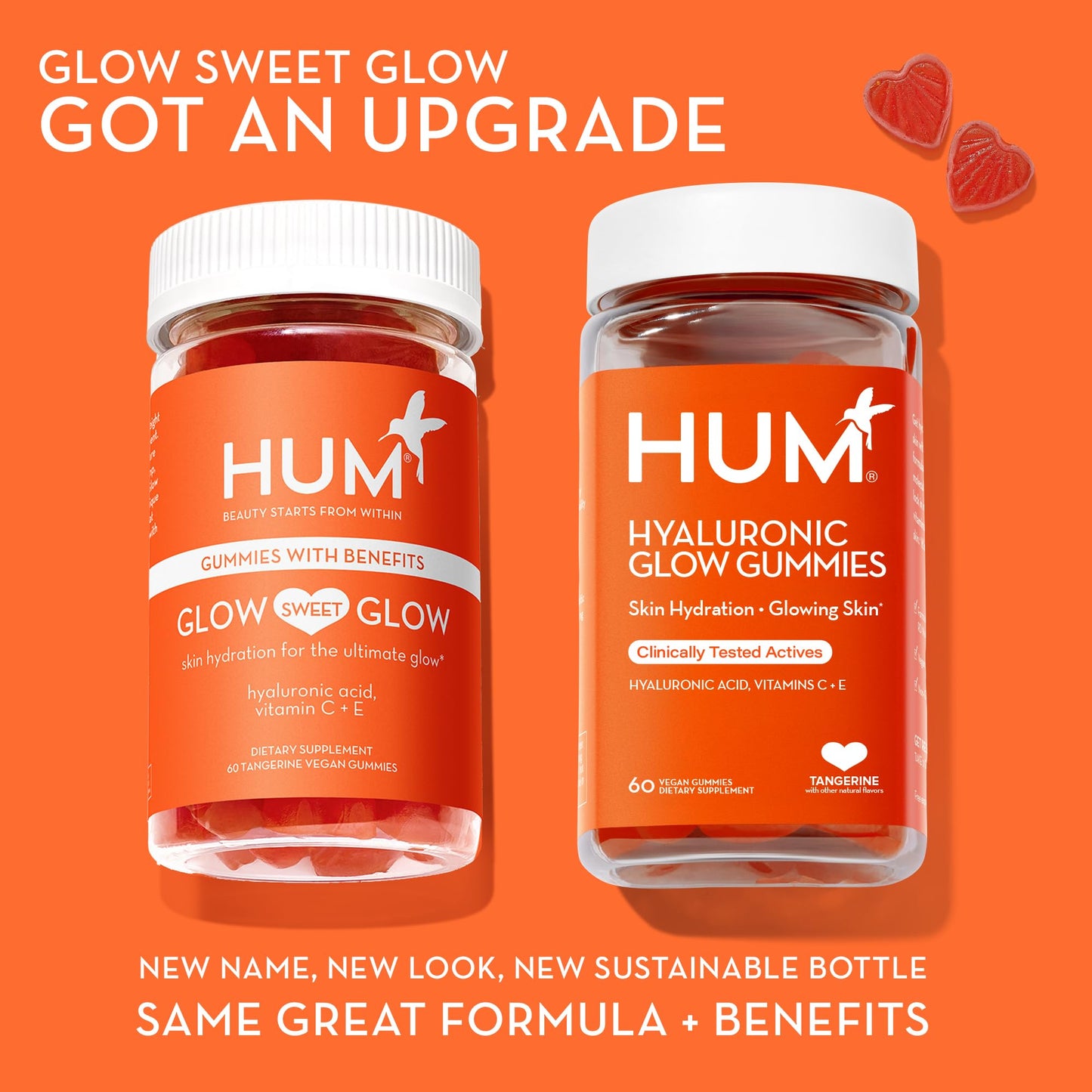 HUM Hyaluronic Glow Hydrating Skin Care Supplement, with Low Molecular Hyaluronic Acid, Vitamin C from Amla Fruit, and Vitamin E, Antioxidant Support for Skin Hydration, Tangerine, 60 Vegan Gummies - Maple Wellness Supplements