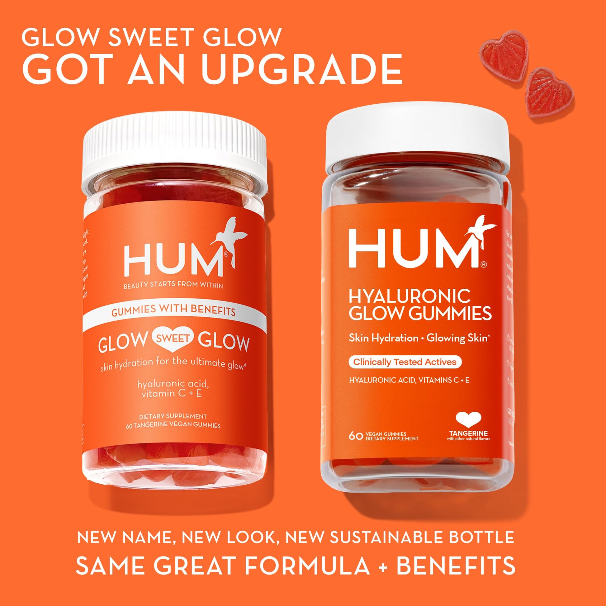 HUM Hyaluronic Glow Hydrating Skin Care Supplement, with Low Molecular Hyaluronic Acid, Vitamin C from Amla Fruit, and Vitamin E, Antioxidant Support for Skin Hydration, Tangerine, 60 Vegan Gummies - Maple Wellness Supplements