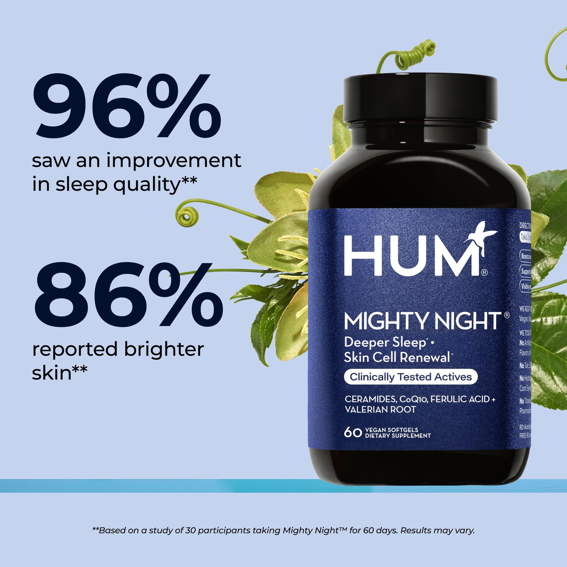 HUM Mighty Night Nighttime Sleep Supplement for Skin Care, CoQ10, Valerian Root & Ferulic Acid to Support Cell Turnover, Skin Vitamins for Women and Men, Overnight Beauty Vitamins, 60 Vegan Softgels - Maple Wellness Supplements