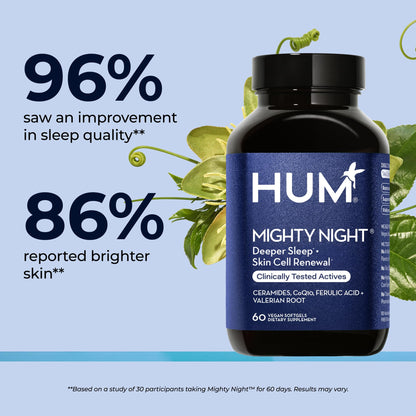 HUM Mighty Night Nighttime Sleep Supplement for Skin Care, CoQ10, Valerian Root & Ferulic Acid to Support Cell Turnover, Skin Vitamins for Women and Men, Overnight Beauty Vitamins, 60 Vegan Softgels - Maple Wellness Supplements