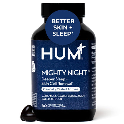 HUM Mighty Night Nighttime Sleep Supplement for Skin Care, CoQ10, Valerian Root & Ferulic Acid to Support Cell Turnover, Skin Vitamins for Women and Men, Overnight Beauty Vitamins, 60 Vegan Softgels - Maple Wellness Supplements