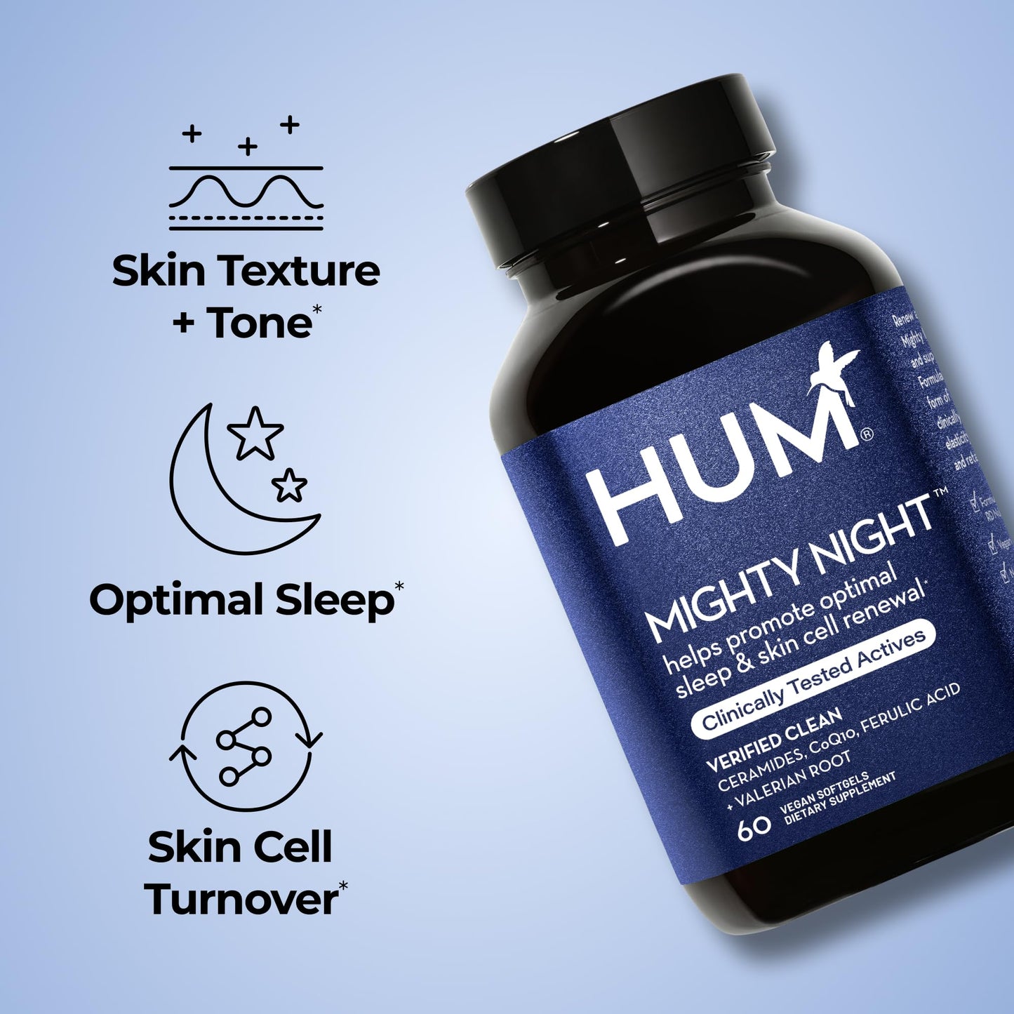 HUM Mighty Night Nighttime Sleep Supplement for Skin Care, CoQ10, Valerian Root & Ferulic Acid to Support Cell Turnover, Skin Vitamins for Women and Men, Overnight Beauty Vitamins, 60 Vegan Softgels - Maple Wellness Supplements