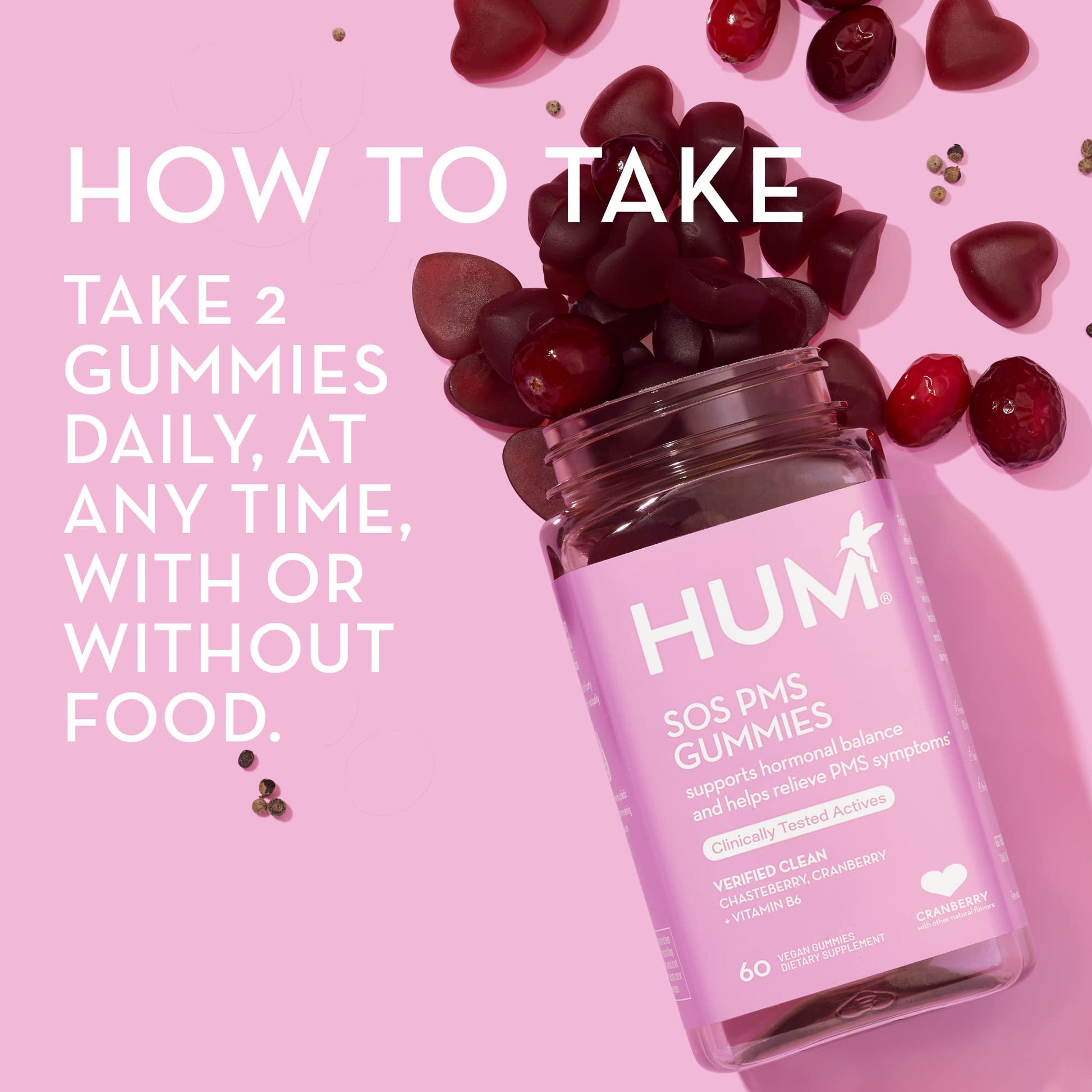 HUM Nutrition SOS PMS Gummies, PMS Support Supplement for Women, Support Cycle Symptoms, Bloating, Hormonal Balance, Includes Vitamin B6, Cranberry & Chasteberry Vitex, Gluten Free, 60 Vegan Gummies - Maple Wellness Supplements