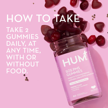 HUM Nutrition SOS PMS Gummies, PMS Support Supplement for Women, Support Cycle Symptoms, Bloating, Hormonal Balance, Includes Vitamin B6, Cranberry & Chasteberry Vitex, Gluten Free, 60 Vegan Gummies - Maple Wellness Supplements