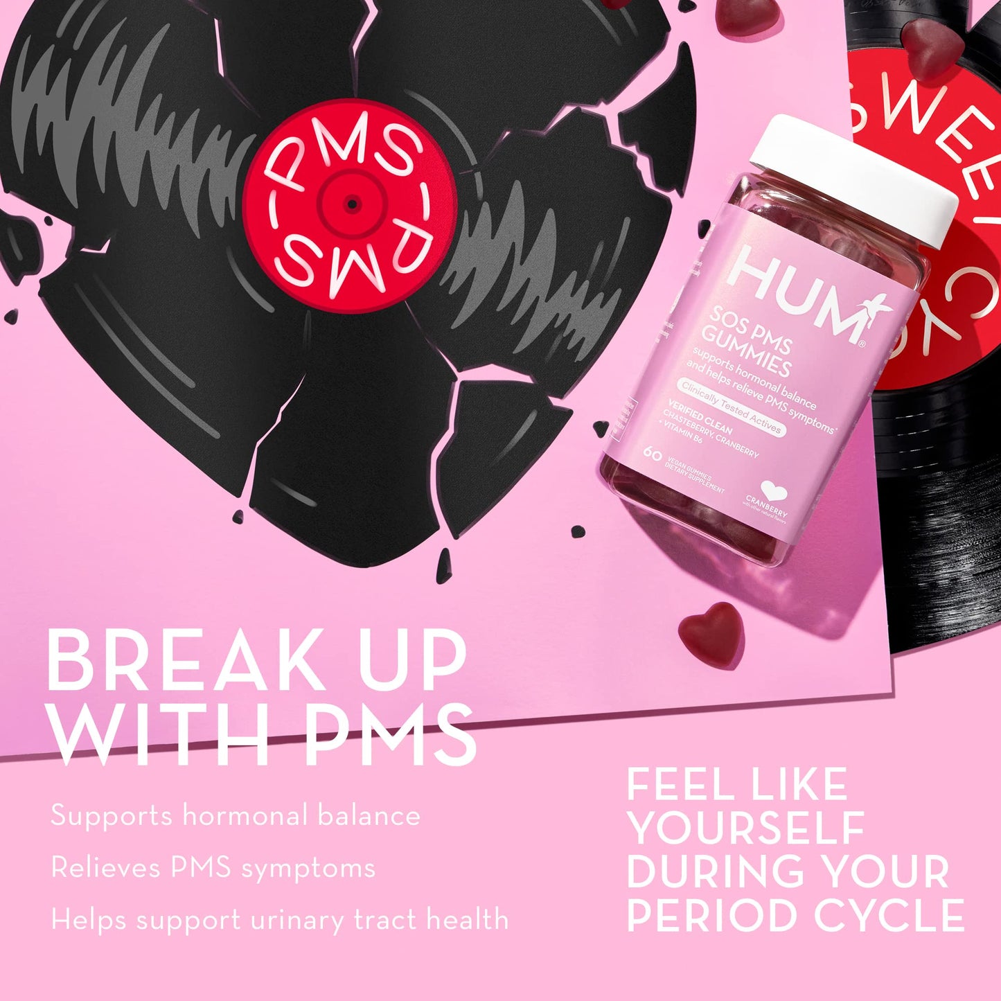 HUM Nutrition SOS PMS Gummies, PMS Support Supplement for Women, Support Cycle Symptoms, Bloating, Hormonal Balance, Includes Vitamin B6, Cranberry & Chasteberry Vitex, Gluten Free, 60 Vegan Gummies - Maple Wellness Supplements