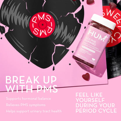 HUM Nutrition SOS PMS Gummies, PMS Support Supplement for Women, Support Cycle Symptoms, Bloating, Hormonal Balance, Includes Vitamin B6, Cranberry & Chasteberry Vitex, Gluten Free, 60 Vegan Gummies - Maple Wellness Supplements