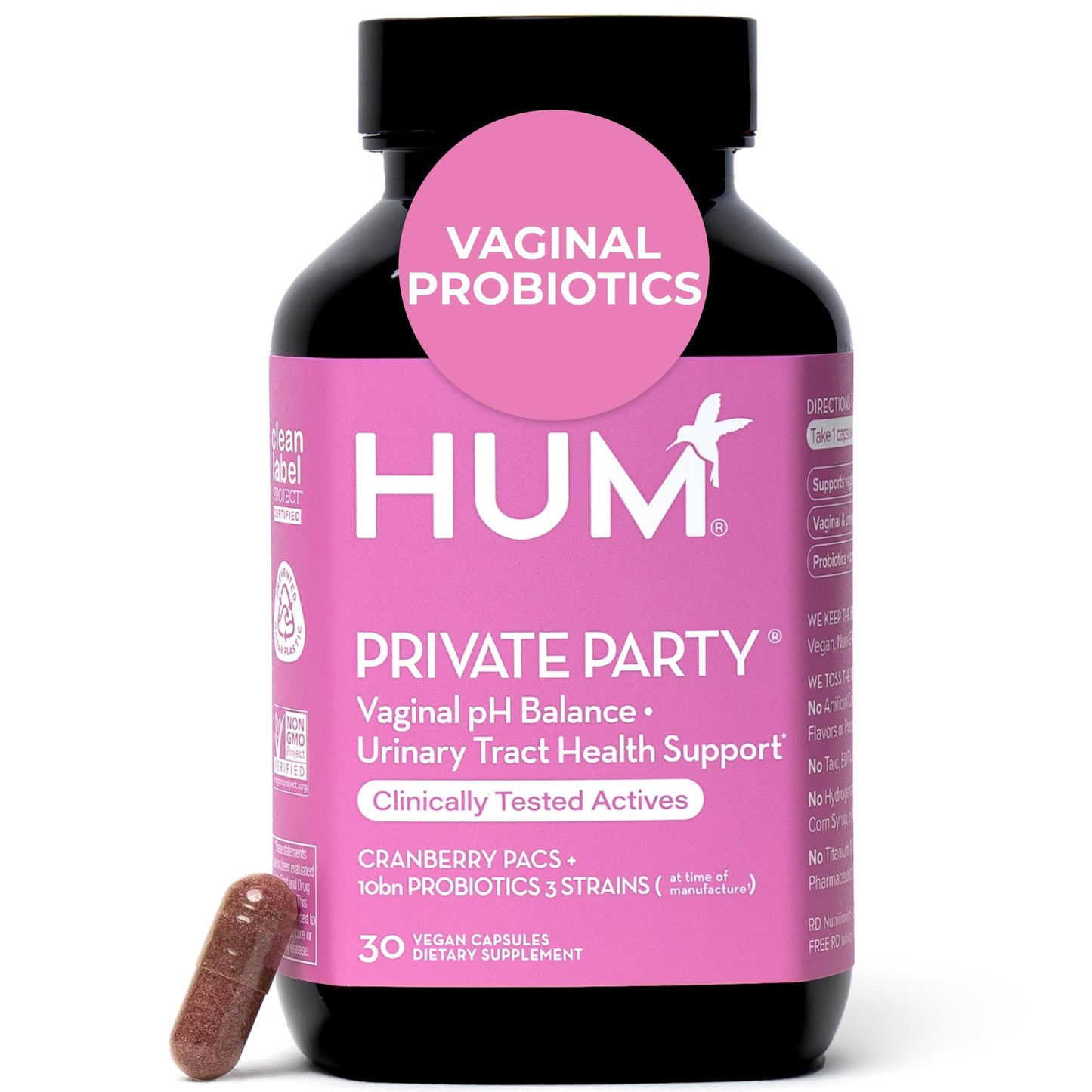 HUM Private Party Vaginal Probiotics for Women, pH Balance and Urinary Tract Support Vaginal Probiotic Supplement with Cranberry & Lactobacillus Blend, Women's Health Cranberry Pills, 30 Capsules - Maple Wellness Supplements