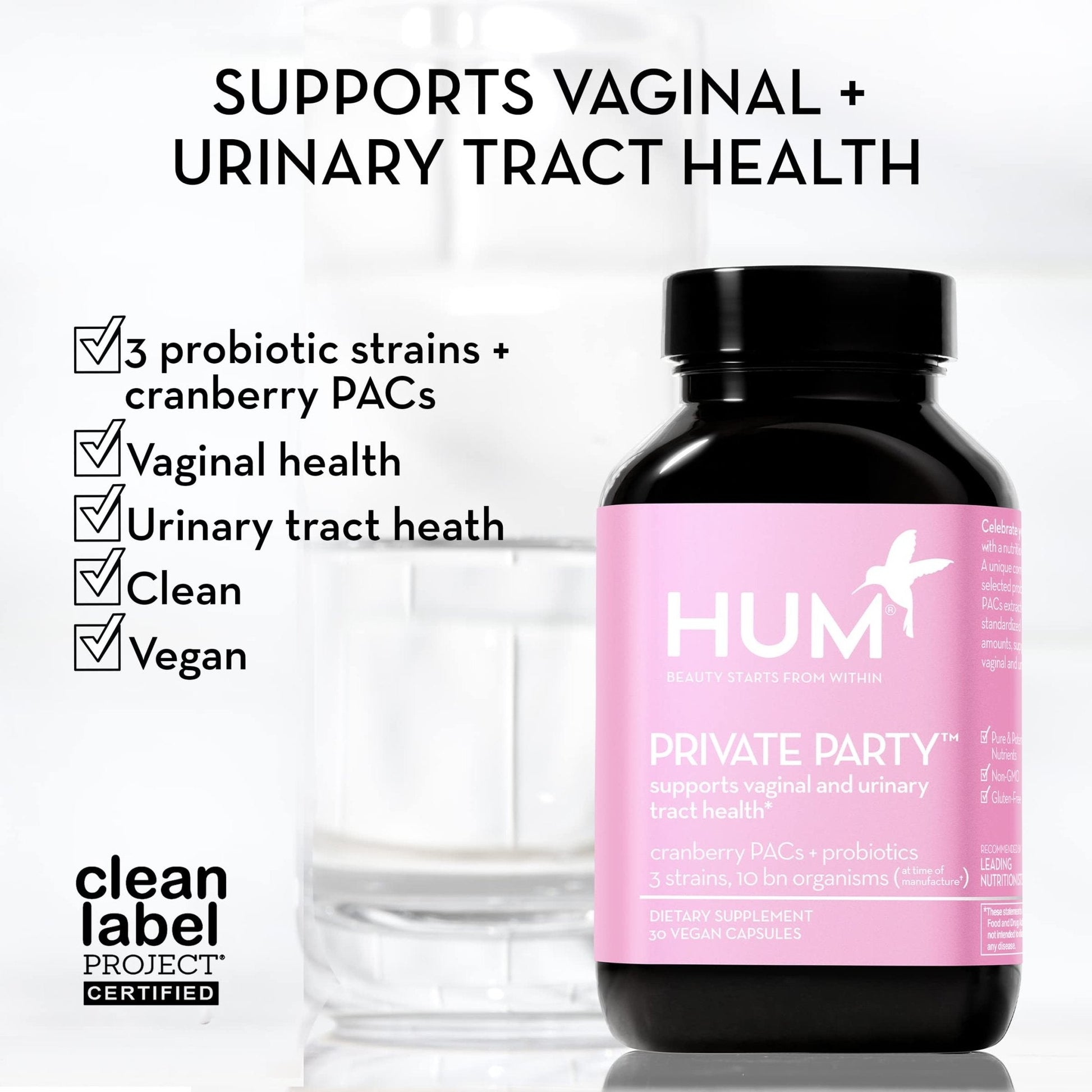 HUM Private Party Vaginal Probiotics for Women, pH Balance and Urinary Tract Support Vaginal Probiotic Supplement with Cranberry & Lactobacillus Blend, Women's Health Cranberry Pills, 90 Capsules - Maple Wellness Supplements