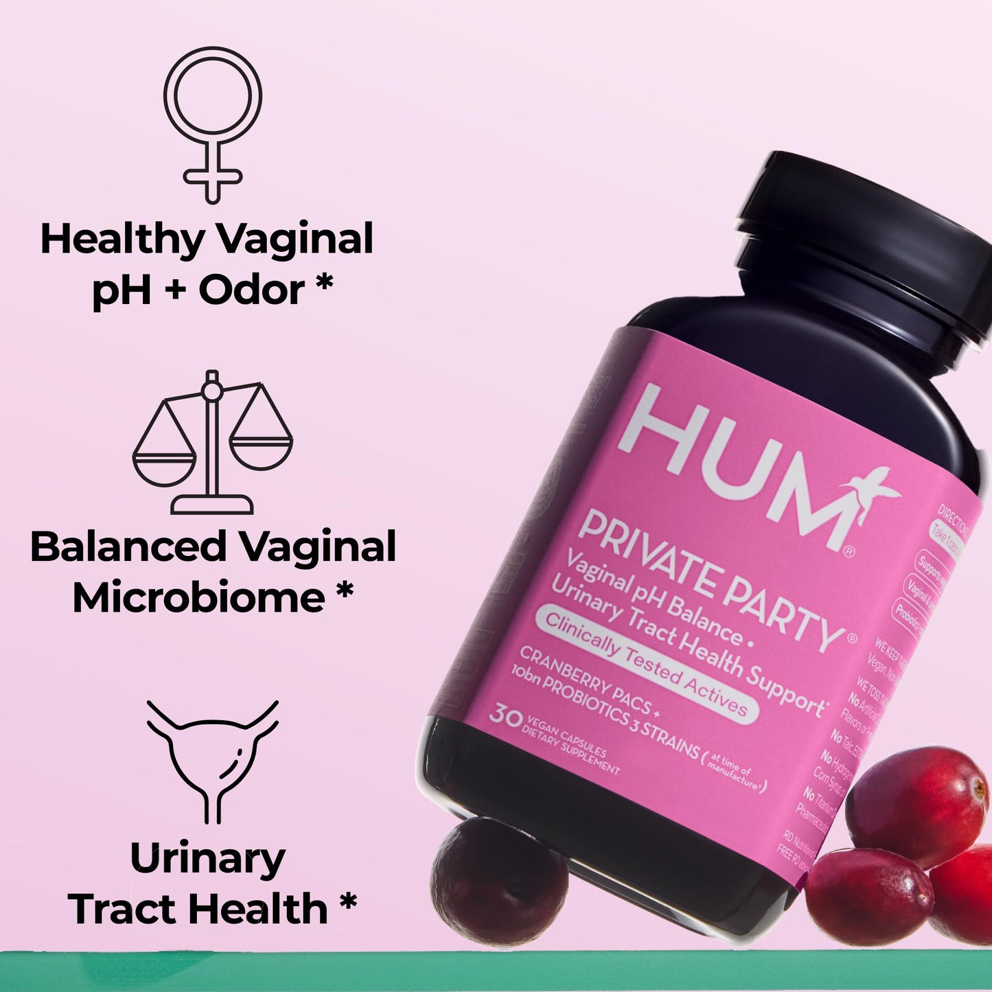HUM Private Party Vaginal Probiotics for Women, pH Balance and Urinary Tract Support Vaginal Probiotic Supplement with Cranberry & Lactobacillus Blend, Women's Health Cranberry Pills, 30 Capsules - Maple Wellness Supplements