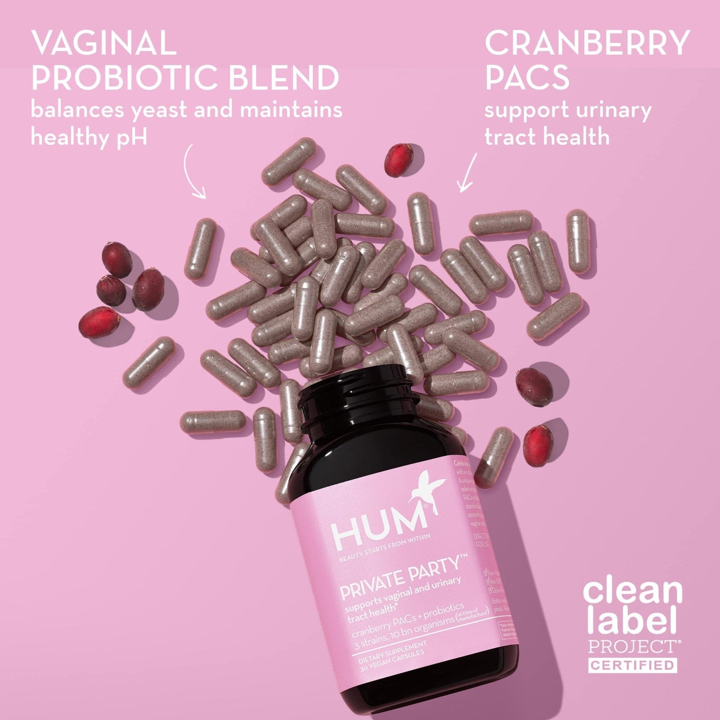 HUM Private Party Vaginal Probiotics for Women, pH Balance and Urinary Tract Support Vaginal Probiotic Supplement with Cranberry & Lactobacillus Blend, Women's Health Cranberry Pills, 90 Capsules - Maple Wellness Supplements