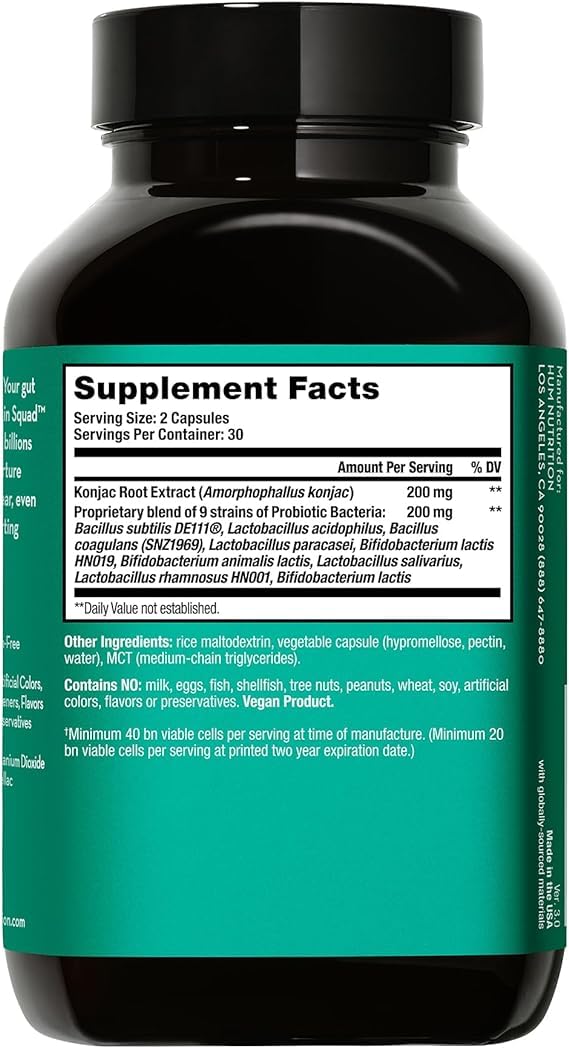 HUM Skin Squad Probiotics for Women and Men, Skin Care Supplement for Clear Complexion & Gut Health Support, Microbiome Prebiotic & Probiotic Supplement for Breakouts, Digestive Health, 60 Capsules - Maple Wellness Supplements