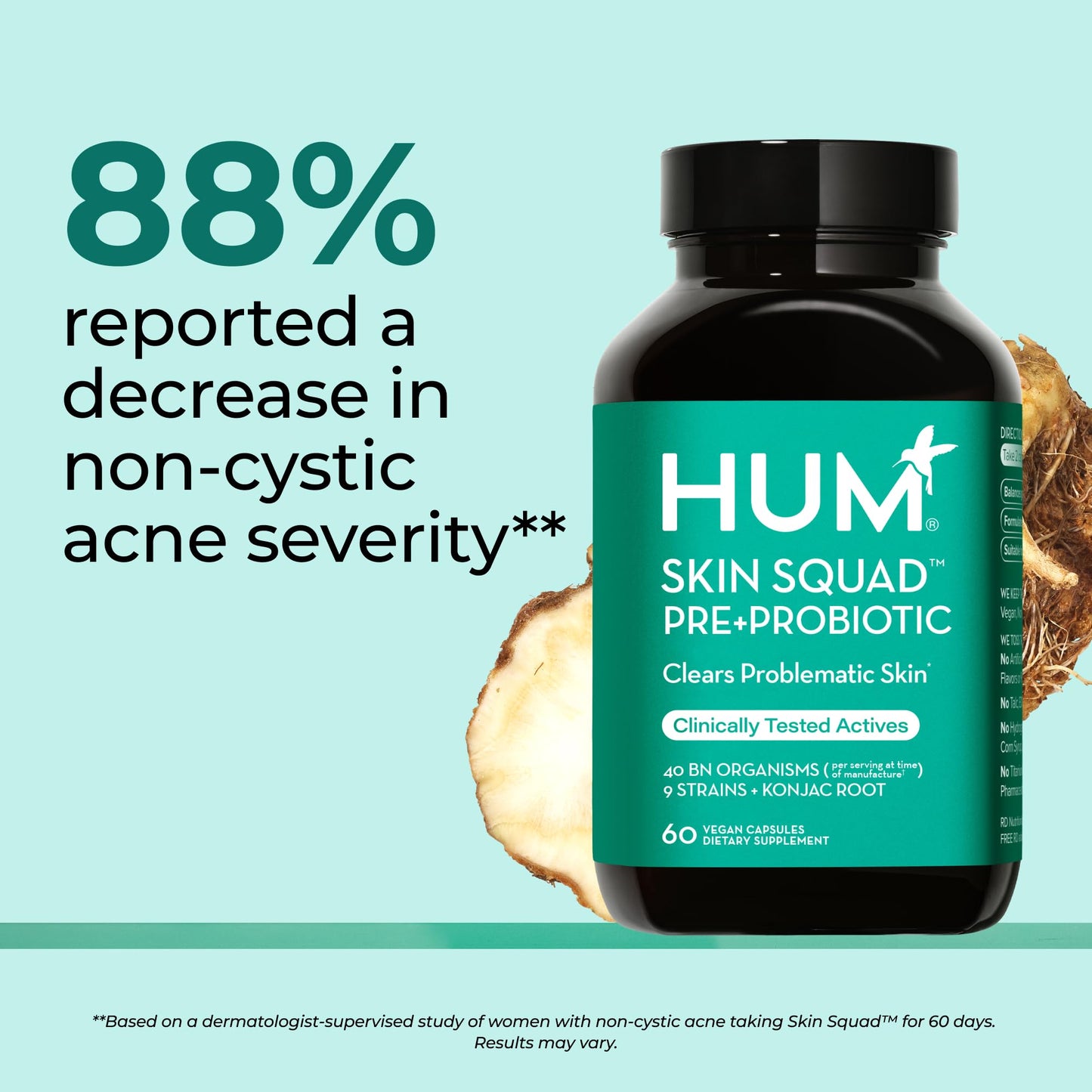HUM Skin Squad Probiotics for Women and Men, Skin Care Supplement for Clear Complexion & Gut Health Support, Microbiome Prebiotic & Probiotic Supplement for Breakouts, Digestive Health, 60 Capsules - Maple Wellness Supplements
