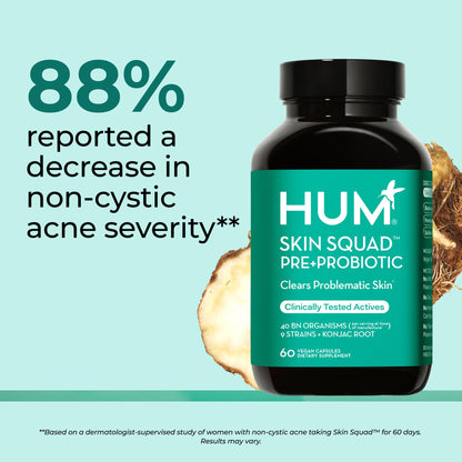 HUM Skin Squad Probiotics for Women and Men, Skin Care Supplement for Clear Complexion & Gut Health Support, Microbiome Prebiotic & Probiotic Supplement for Breakouts, Digestive Health, 60 Capsules - Maple Wellness Supplements