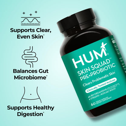 HUM Skin Squad Probiotics for Women and Men, Skin Care Supplement for Clear Complexion & Gut Health Support, Microbiome Prebiotic & Probiotic Supplement for Breakouts, Digestive Health, 60 Capsules - Maple Wellness Supplements