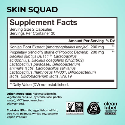 HUM Skin Squad Probiotics for Women and Men, Skin Care Supplement for Clear Complexion & Gut Health Support, Microbiome Prebiotic & Probiotic Supplement for Breakouts, Digestive Health, 60 Capsules - Maple Wellness Supplements