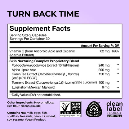 HUM Turn Back Time Turmeric Supplement for Youthful Looking Skin Support with Green Tea Extract, Lutein & Polyphenols, Skin Care Aging & Collagen Support Capsules for Even Tone, 60 Vegan Capsules - Maple Wellness Supplements