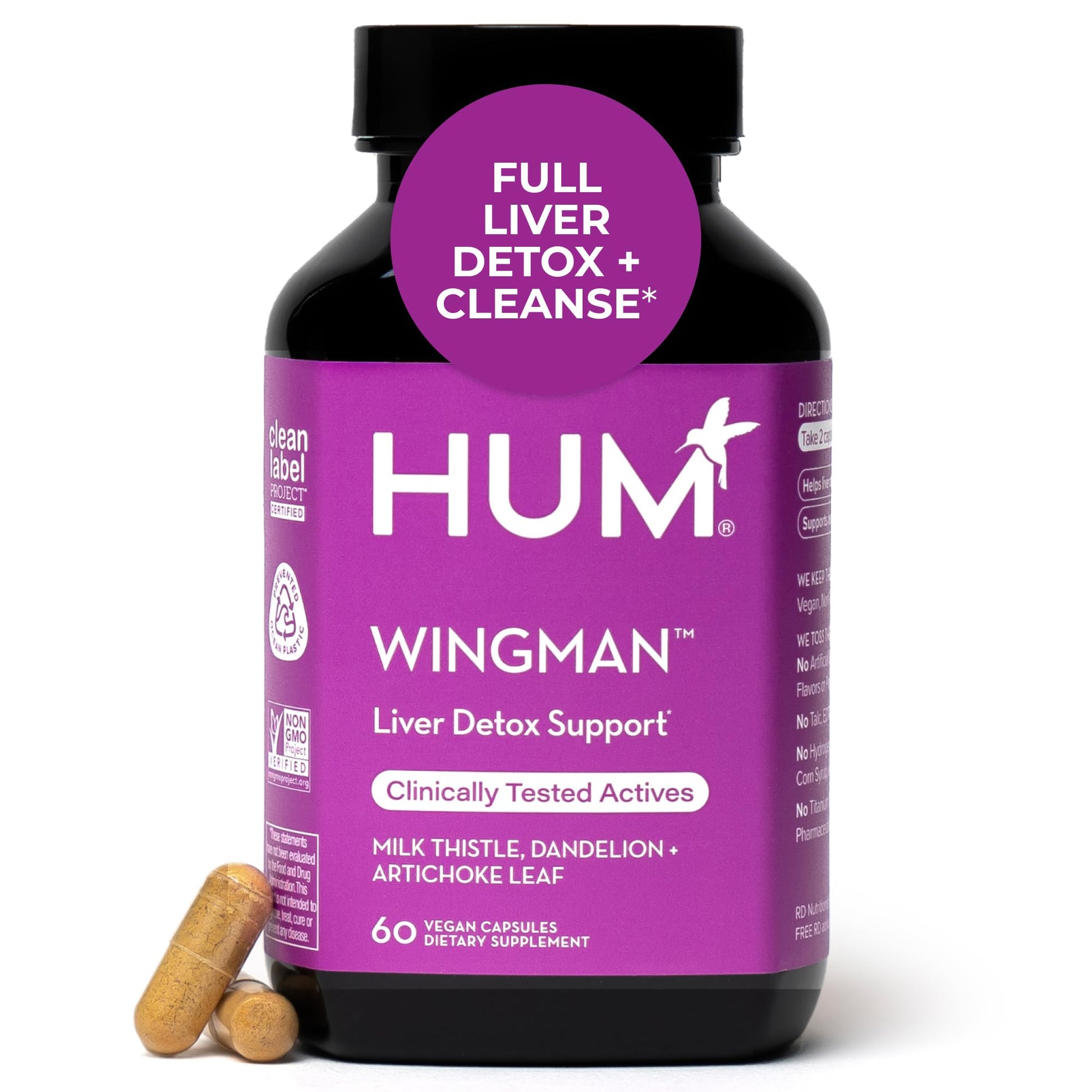 HUM Wing Man Liver Support Supplement with Milk Thistle, Dandelion Root Powder & Artichoke Leaf Extract For Liver Health & Function Support, Milk Thistle Supplement Helps Flush Out Toxins, 60 Capsules - Maple Wellness Supplements