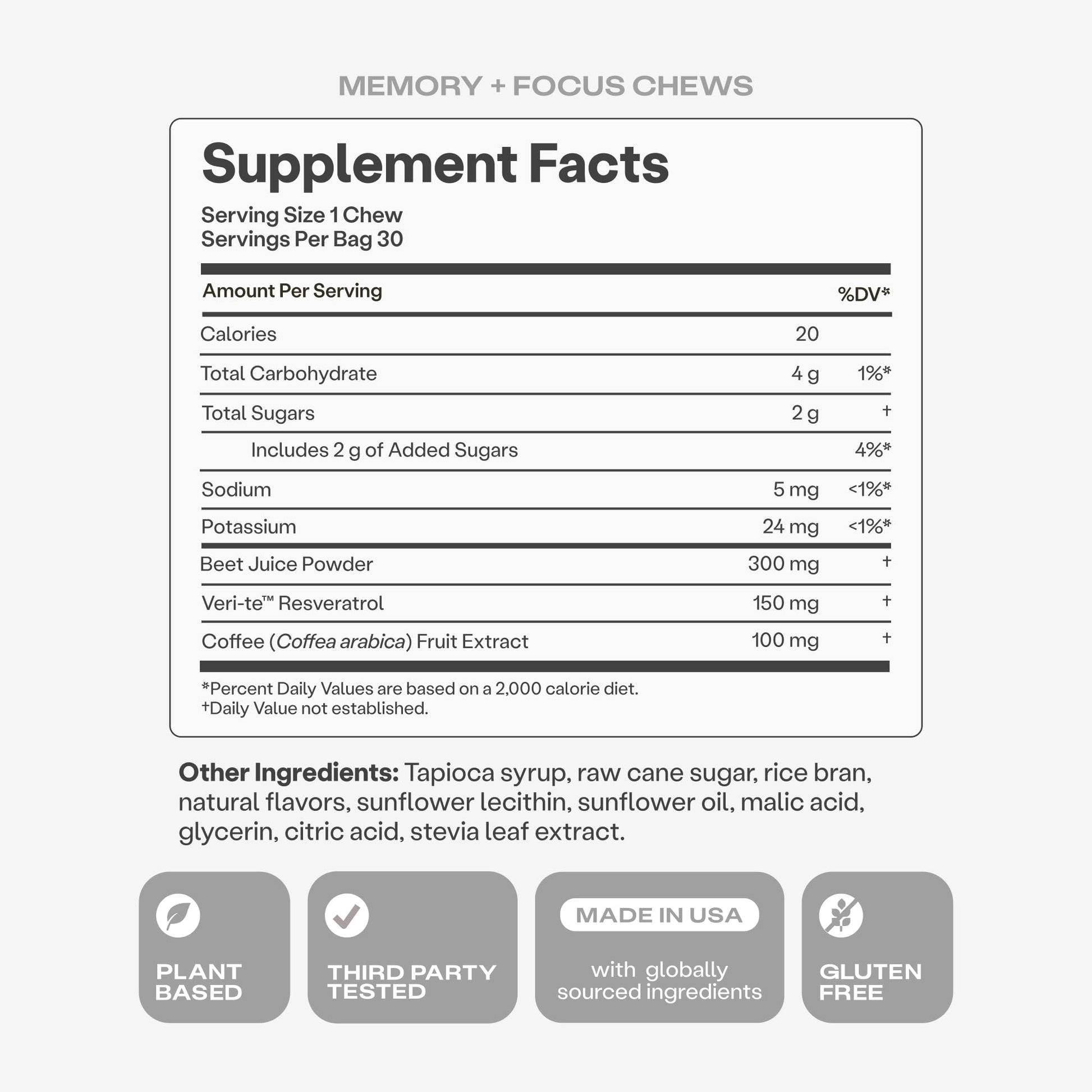 Humann Memory and Focus Chews, Brain Supplement for Mental Alertness with Beet Root Powder, Clinically Studied Nootropics, Resveratrol Plus Beet Root Powder - Maple Wellness Supplements