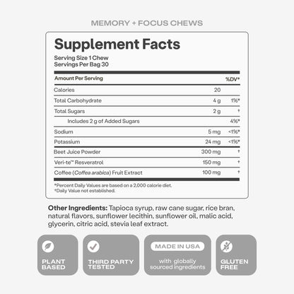 Humann Memory and Focus Chews, Brain Supplement for Mental Alertness with Beet Root Powder, Clinically Studied Nootropics, Resveratrol Plus Beet Root Powder - Maple Wellness Supplements