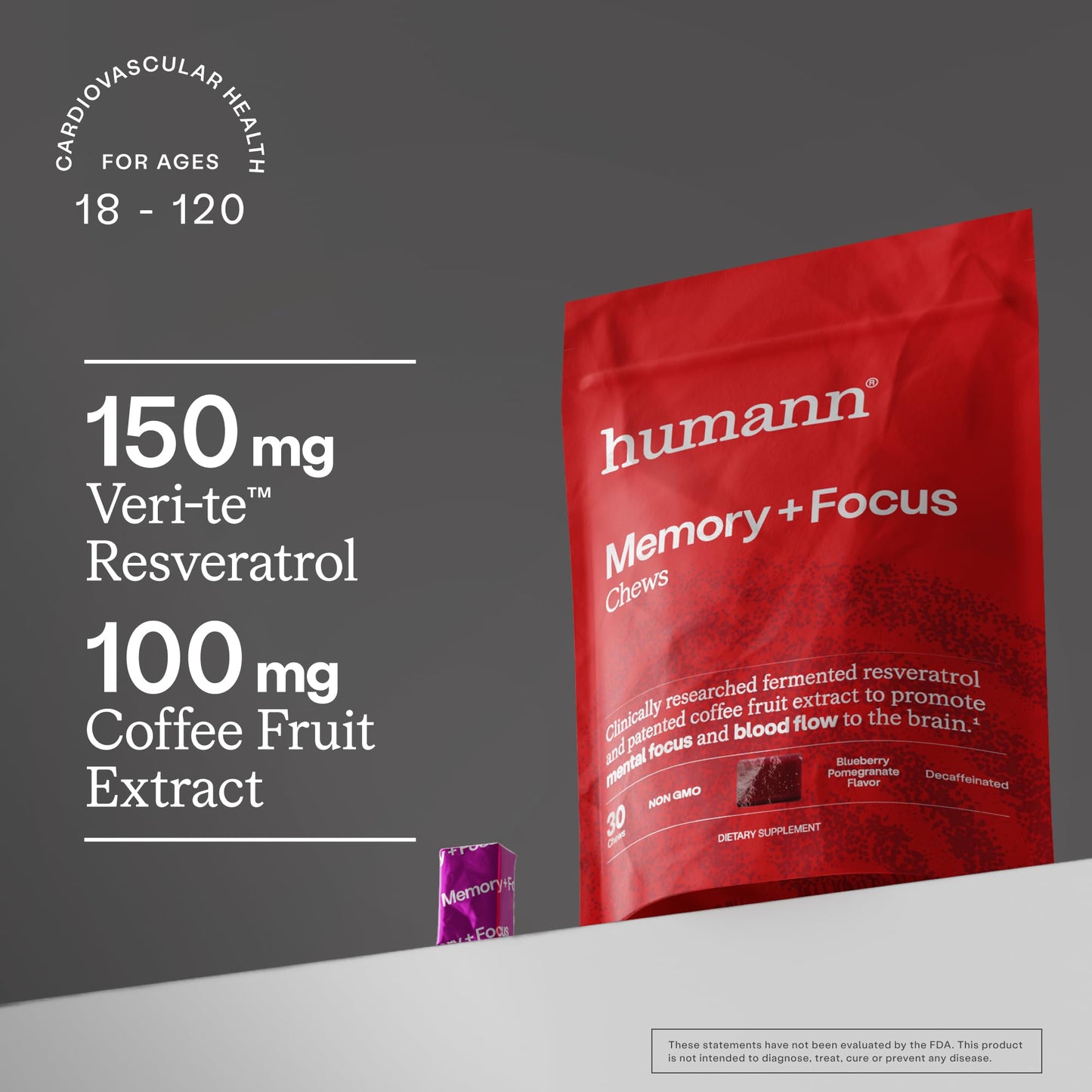 Humann Memory and Focus Chews, Brain Supplement for Mental Alertness with Beet Root Powder, Clinically Studied Nootropics, Resveratrol Plus Beet Root Powder - Maple Wellness Supplements