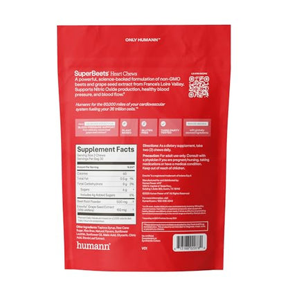 Humann SuperBeets Heart Chews, Beet Root Powder Support Energy Supplement, Nitric Oxide and Blood Pressure Support, Grape Seed Extract & Non-GMO - Maple Wellness Supplements
