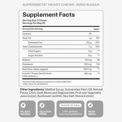 Humann SuperBeets Heart Chews Zero Sugar, Beet Root Supplement, Energy, Nitric Oxide and Blood Pressure Support, Grape Seed Extract & Non-GMO - Maple Wellness Supplements