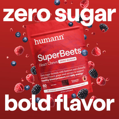 Humann SuperBeets Heart Chews Zero Sugar, Beet Root Supplement, Energy, Nitric Oxide and Blood Pressure Support, Grape Seed Extract & Non-GMO - Maple Wellness Supplements