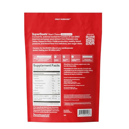 Humann SuperBeets Heart Chews Zero Sugar, Beet Root Supplement, Energy, Nitric Oxide and Blood Pressure Support, Grape Seed Extract & Non-GMO - Maple Wellness Supplements