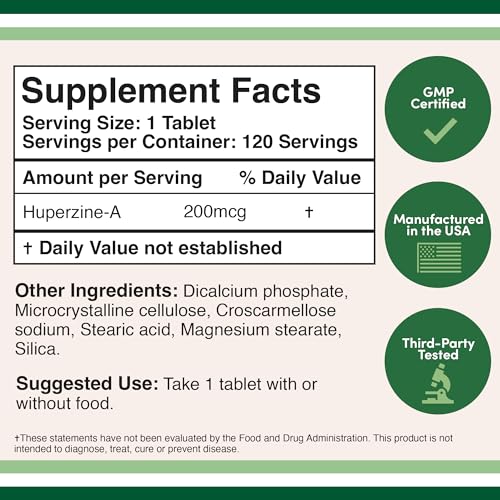 Huperzine A 200mcg (Third Party Tested) Manufactured in The USA, 120 Tablets, Brain - Maple Wellness Supplements