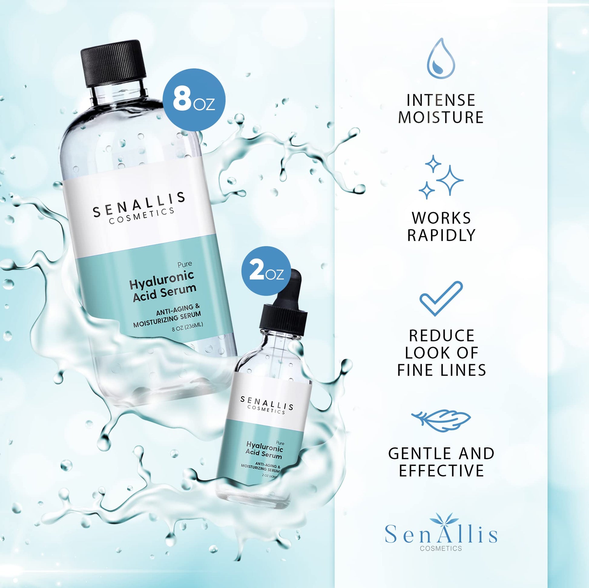 Hyaluronic Acid Serum 8 fl oz And 2 fl oz, Made From Pure Hyaluronic Acid, Anti Aging/Wrinkle, Ultra-Hydrating Moisturizer - Maple Wellness Supplements