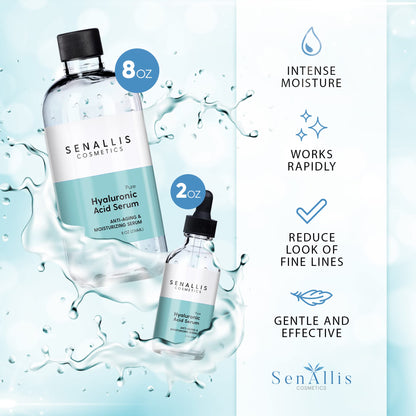 Hyaluronic Acid Serum 8 fl oz And 2 fl oz, Made From Pure Hyaluronic Acid, Anti Aging/Wrinkle, Ultra-Hydrating Moisturizer - Maple Wellness Supplements
