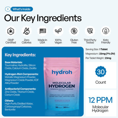 Hydrogen Water Tablets, Molecular Hydrogen Tablets for Drinking Water, Antioxidant-Rich, Supports Brain Energy & Health - Quick-Dissolving - Raspberry H2 Tabs - Maple Wellness Supplements