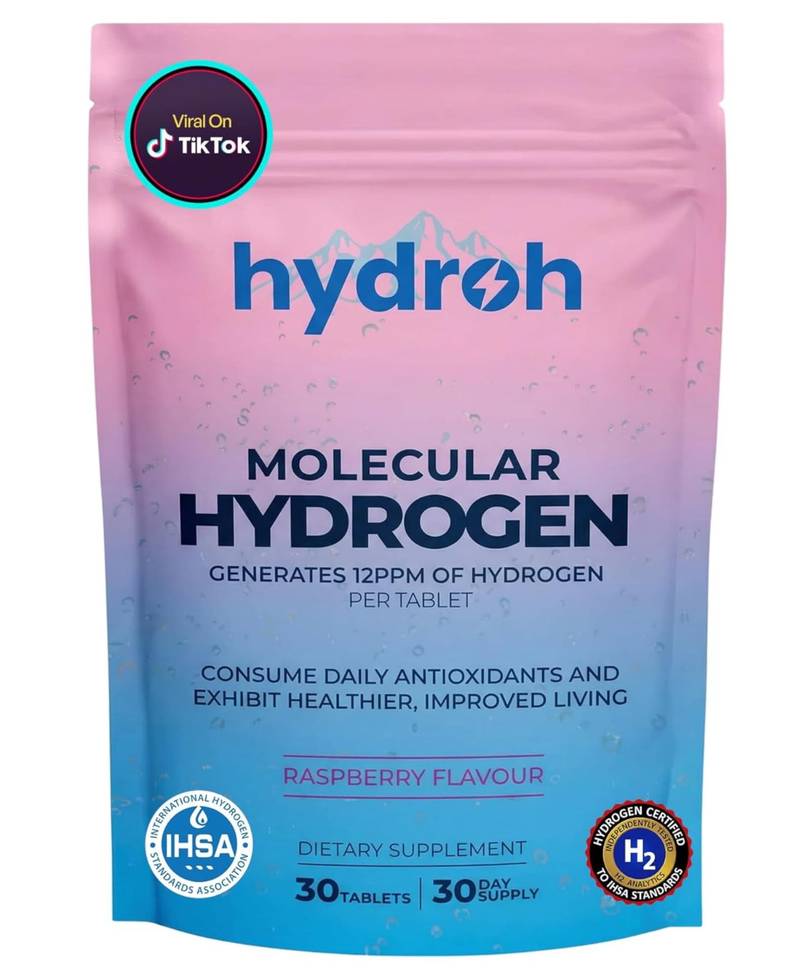 Hydrogen Water Tablets, Molecular Hydrogen Tablets for Drinking Water, Antioxidant-Rich, Supports Brain Energy & Health - Quick-Dissolving - Raspberry H2 Tabs - Maple Wellness Supplements