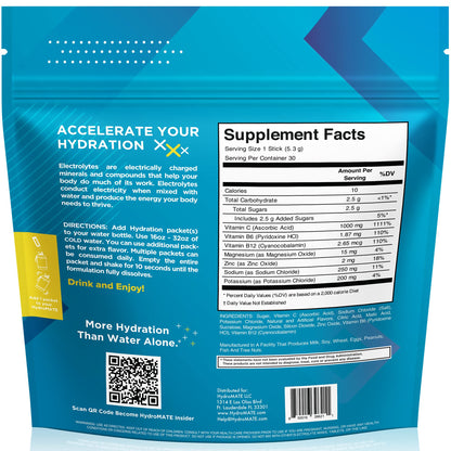 HydroMATE Electrolyte Powder Lemon Lime Hydration Packets Low Sugar 30 Count - Maple Wellness Supplements