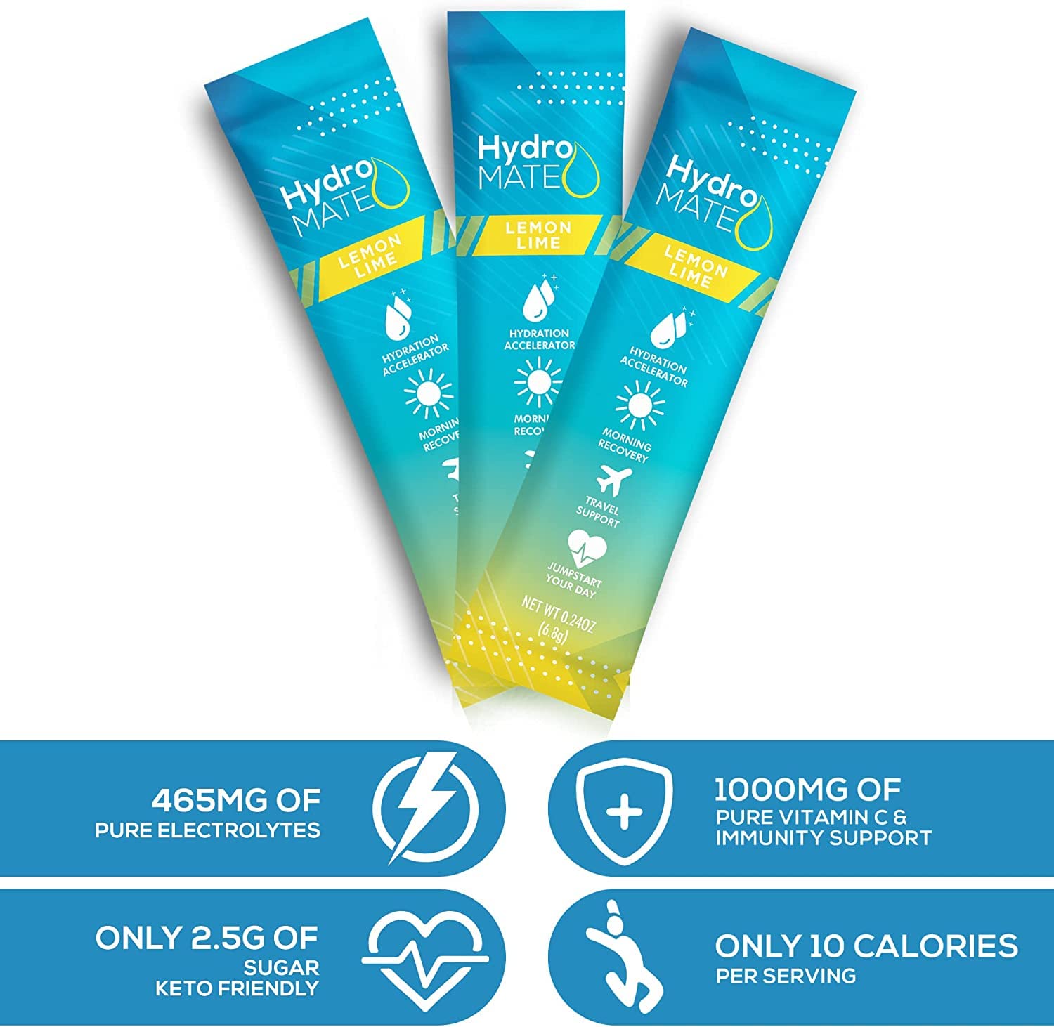 HydroMATE Electrolyte Powder Lemon Lime Hydration Packets Low Sugar 30 Count - Maple Wellness Supplements