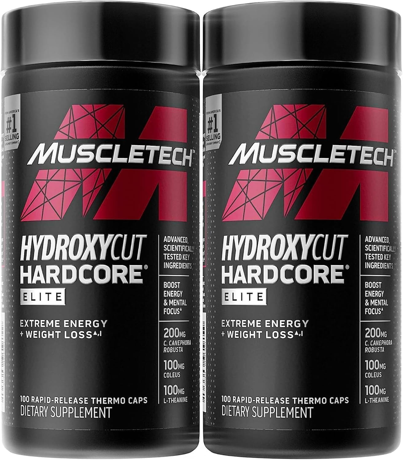 Hydroxycut Hardcore Elite - 100 Rapid-Release Thermo Caps - Energy & Focus - for Men & Women - 50 Servings (Pack of 2) - Maple Wellness Supplements