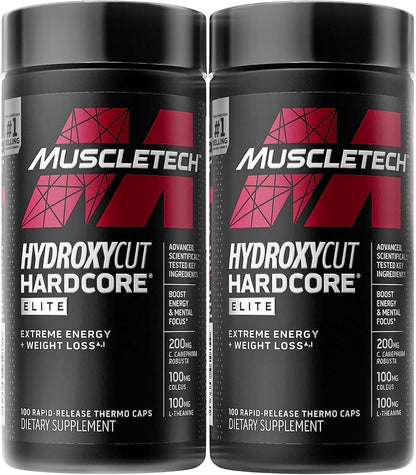 Hydroxycut Hardcore Elite - 100 Rapid-Release Thermo Caps - Energy & Focus - for Men & Women - 50 Servings (Pack of 2) - Maple Wellness Supplements