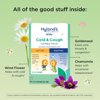 Hyland's Kids Cold and Cough, Day and Night Combo Pack, Cold Medicine for Ages 2 and up, Syrup Cough Medicine for Kids, Nasal Decongestant, 4 Fl Oz (Pack of 2) - Maple Wellness Supplements
