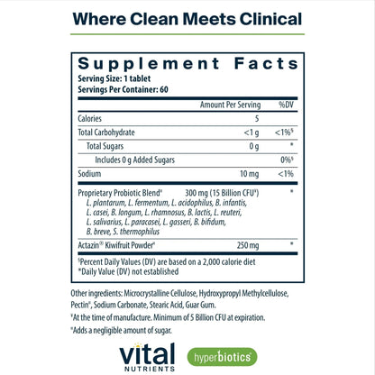 Hyperbiotics Vital Nutrients Pro-15 Advanced Probiotics for Women and Men | 15 Strains + Kiwifruit | Clinically Studied Daily Probiotics for Digestive Health, Gas, & Bloating | 60 Vegan Tablets - Maple Wellness Supplements