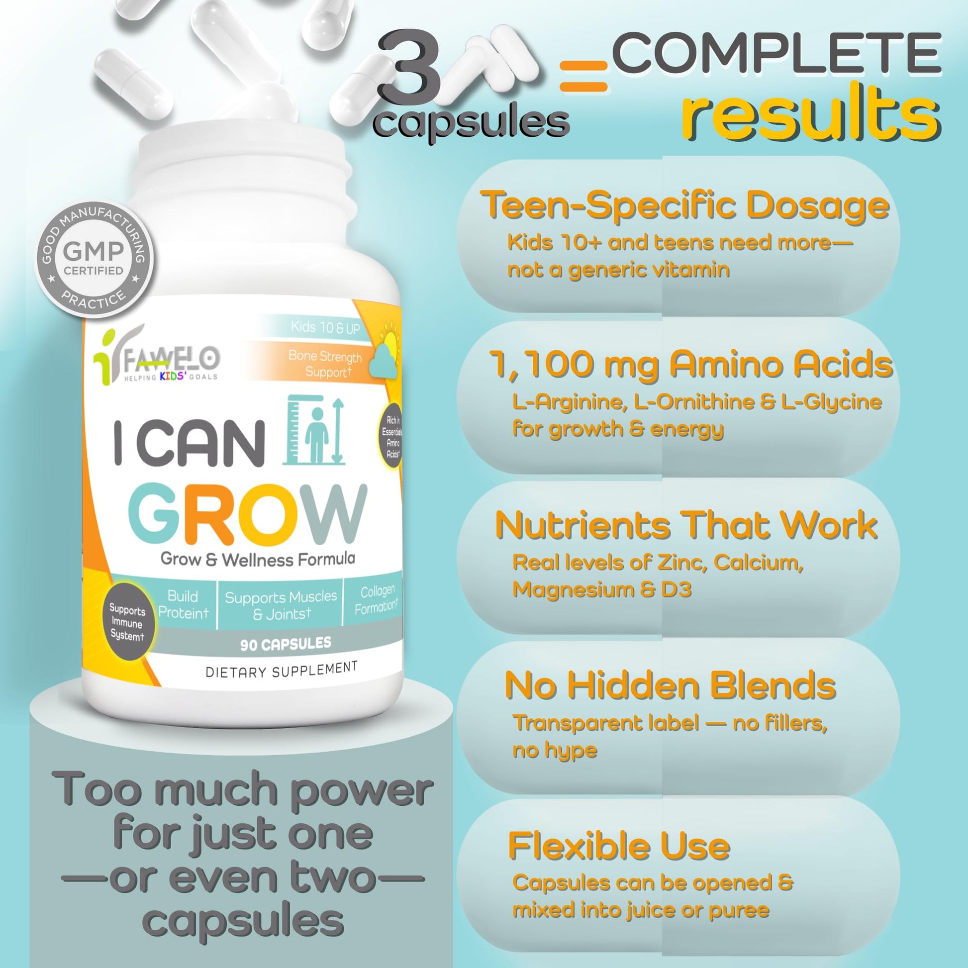 I Can Grow (3 Pack) Height Boosters for Kids 10+, Teen Vitamins for tru Height - Natural Growth Supplement for Optimal Development - Supports Bone Strength and Immune Health with Colostrum - Maple Wellness Supplements