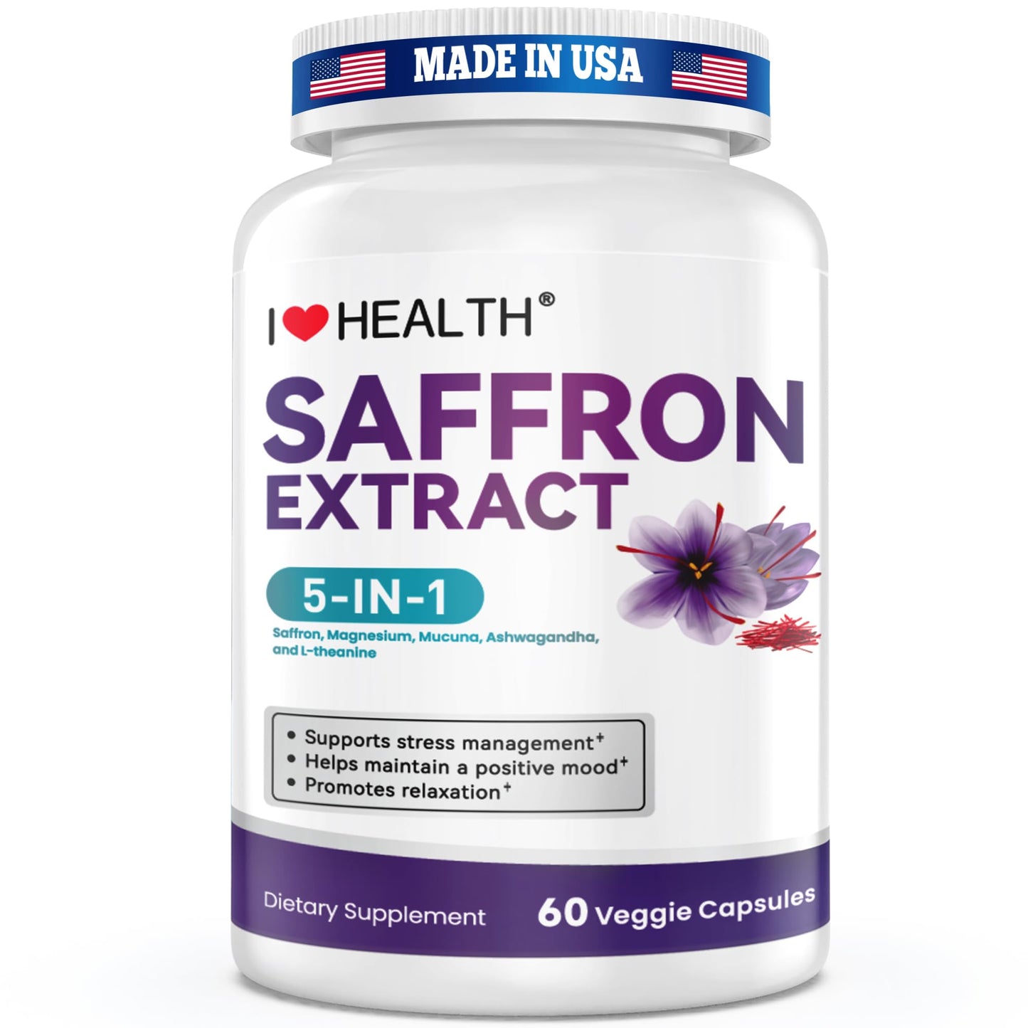 I LOVE HEALTH Saffron Supplement – 88.5mg with Magnesium Glycinate, Ashwagandha & L-Theanine for Stress Relief, Calm Mood & Emotional Balance – Made in USA – 60 Capsules - Maple Wellness Supplements