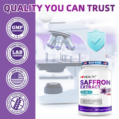 I LOVE HEALTH Saffron Supplement – 88.5mg with Magnesium Glycinate, Ashwagandha & L-Theanine for Stress Relief, Calm Mood & Emotional Balance – Made in USA – 60 Capsules - Maple Wellness Supplements