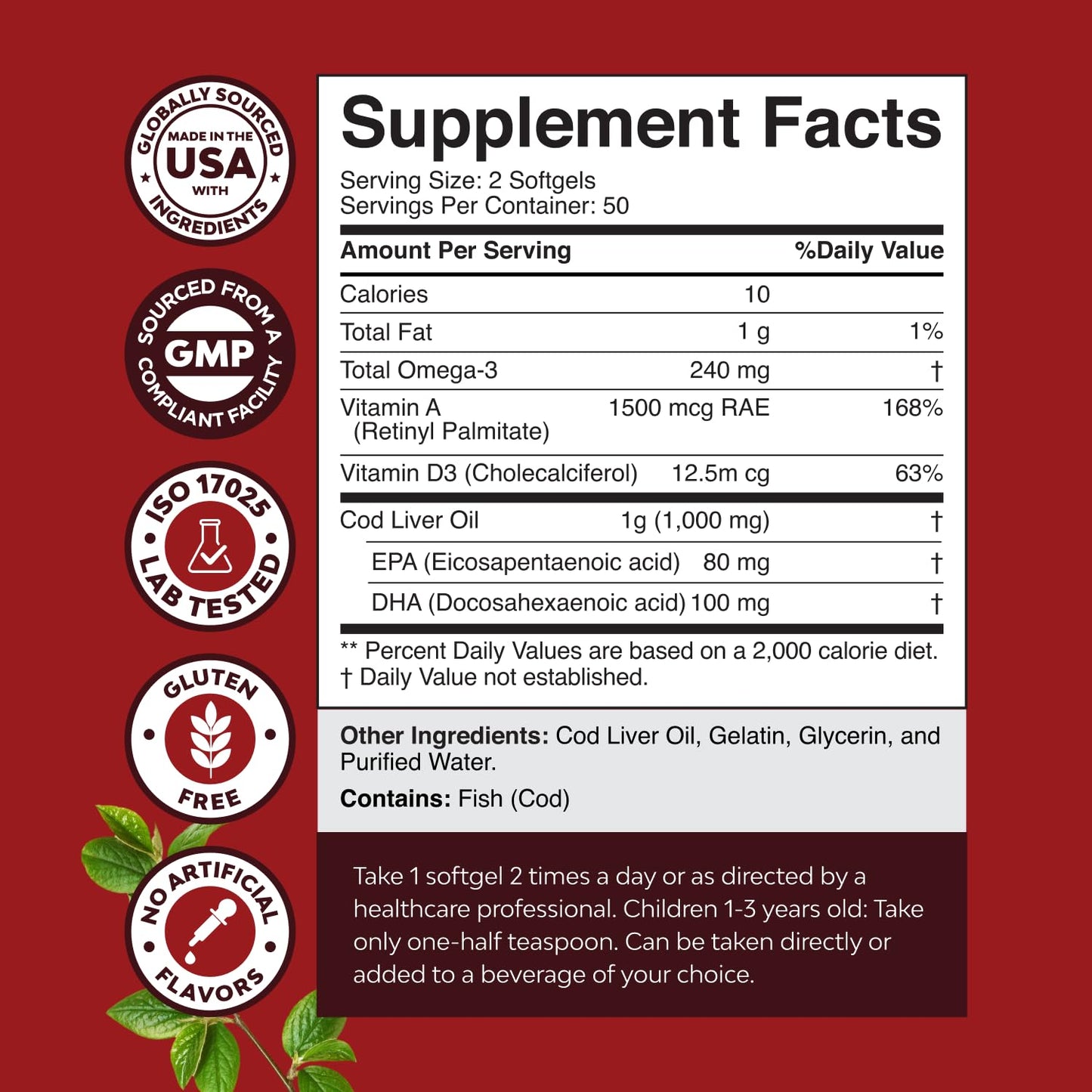 Icelandic Wild Caught Cod Liver Oil Softgels - Fish Omega 3, EPA, DHA, Vitamin D & A, 1000mg Per Serving - Burpless Capsules for Heart - Maple Wellness Supplements