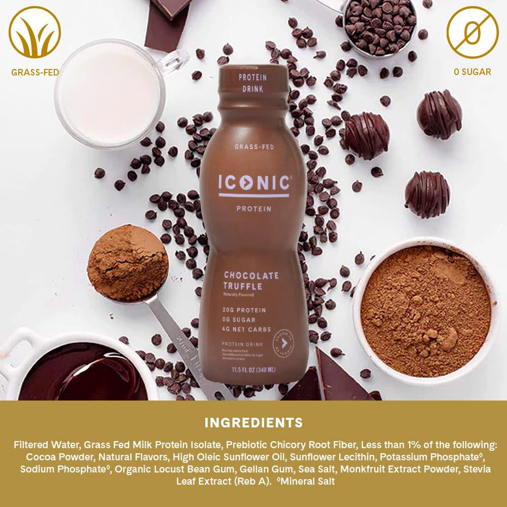 Iconic Protein Drinks, Chocolate Truffle (12 Pack) - Sugar Free & Low Carb - 20g Grass Fed Protein - Lactose Free, Gluten Free, Non-GMO, Kosher - Keto Friendly Protein Shakes - Maple Wellness Supplements