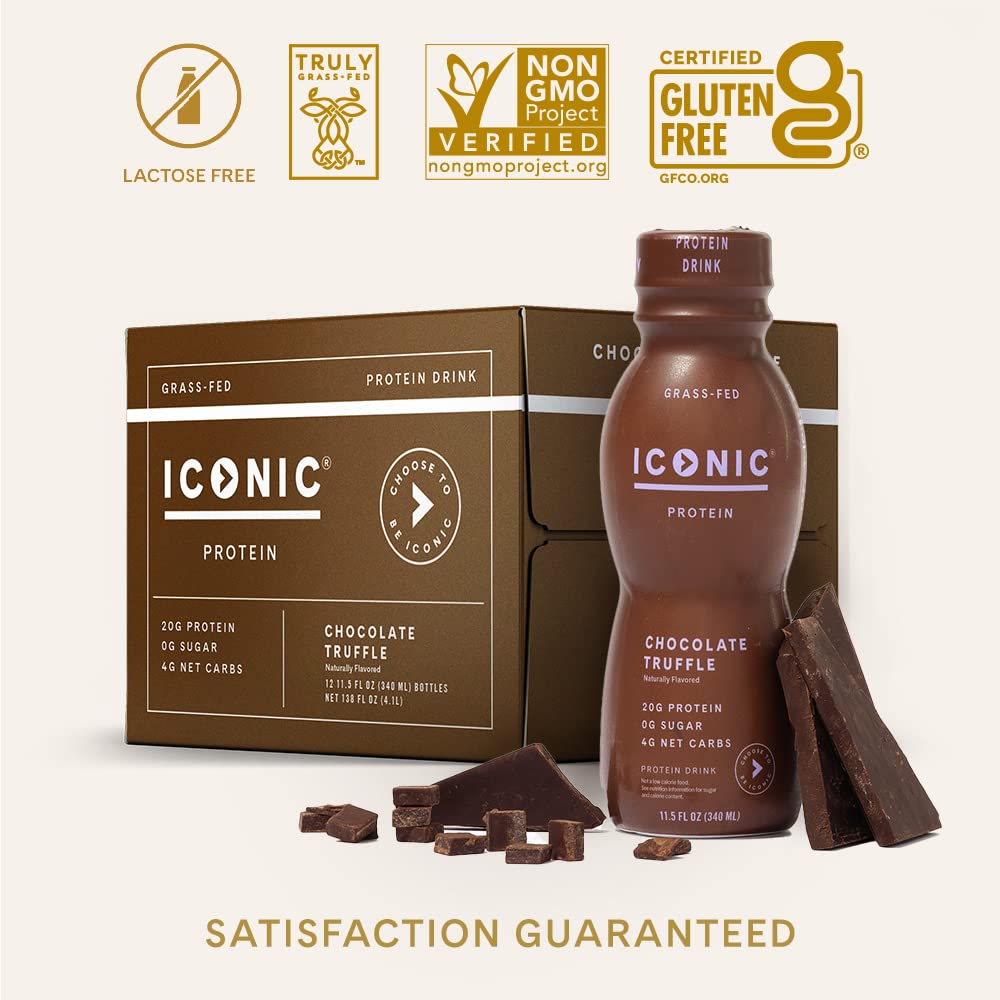 Iconic Protein Drinks, Chocolate Truffle (12 Pack) - Sugar Free & Low Carb - 20g Grass Fed Protein - Lactose Free, Gluten Free, Non-GMO, Kosher - Keto Friendly Protein Shakes - Maple Wellness Supplements